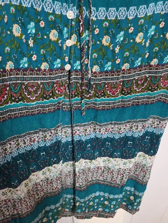 R. Vivimos Womens Dress Buttons Front Slit Teal Floral Tab Sleeves Sz M 8/10 EUC - Picture 9 of 13
